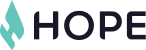 Logo with the word "HOPE" in bold, dark letters next to a teal shape resembling a flame or leaf.