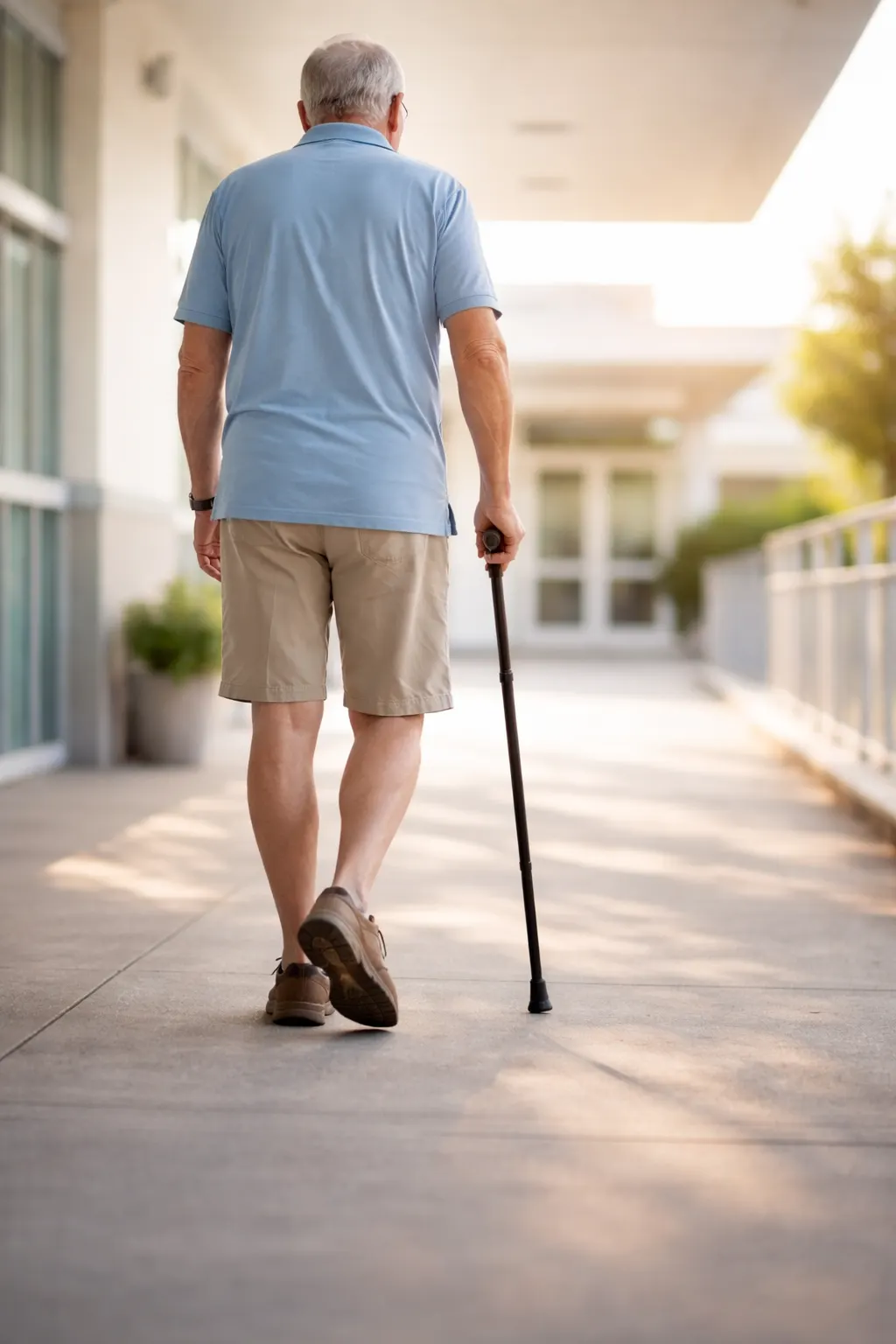 Older man walking with a cane along an outdoor walkway.
